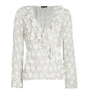 SALONI Iman Silk Wrap Blouse White‎ Black Polka Dot Ruffles Sheer Contemporary
